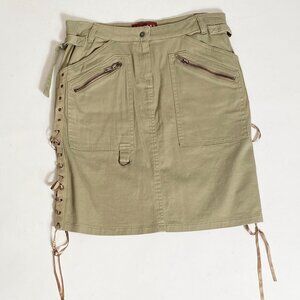 Vintage 1990s Khaki Green Punk Skirt with Lace Up Sides -- Small
